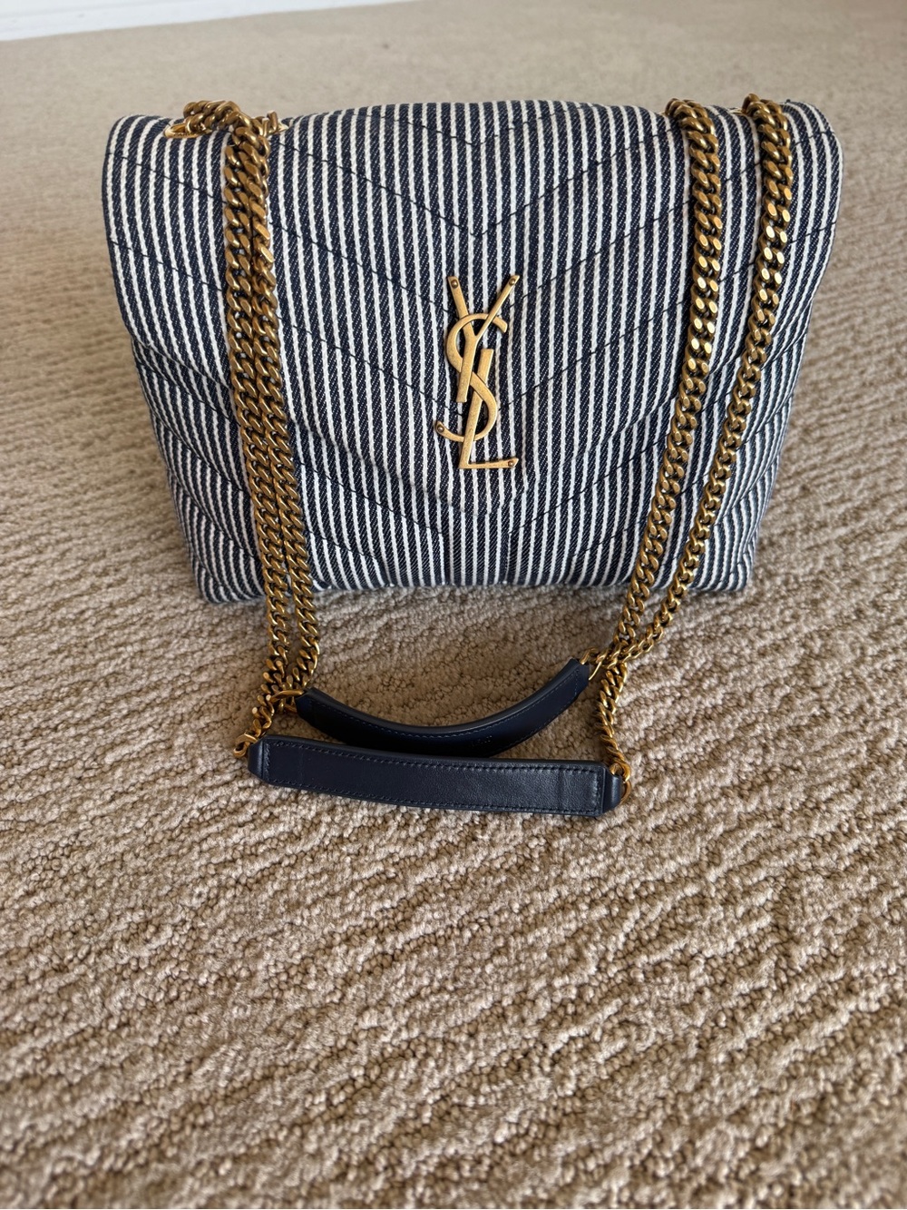 Saint Laurent Navy and White Striped Denim Small Loulou Shoulder Bag - Picture 3 of 12